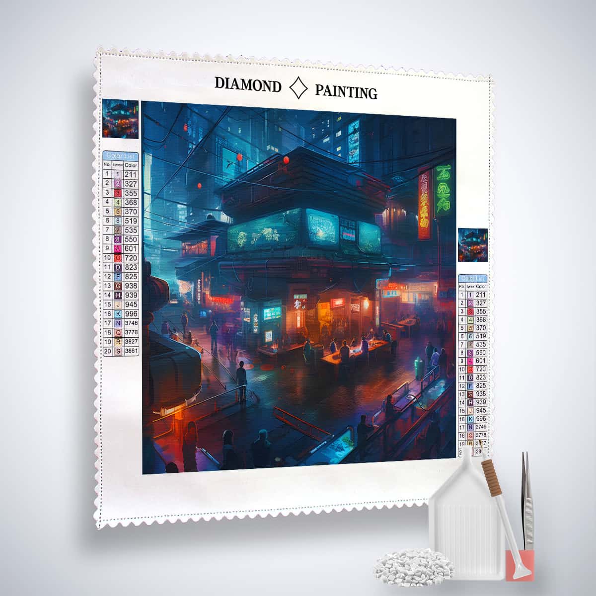 Diamond painting kit with a futuristic pub design on professional canvas, complete with enhanced acrylic diamonds, fine artist’s tweezers, and application pen.