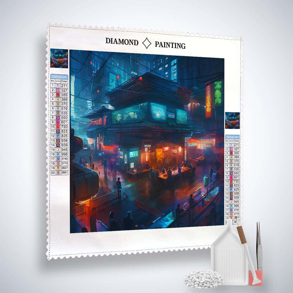 Diamond painting kit with a futuristic pub design on professional canvas, complete with enhanced acrylic diamonds, fine artist’s tweezers, and application pen.