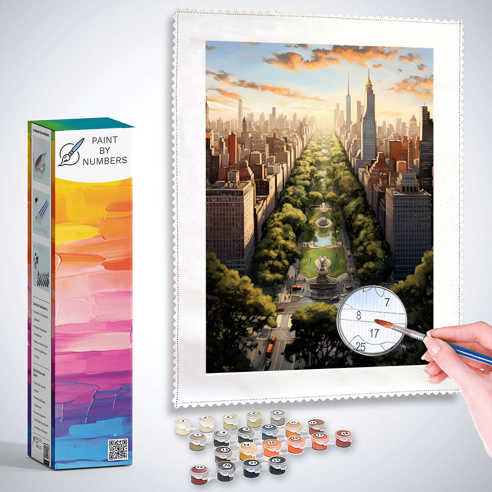 DIY Paint by Numbers NY Cityscape kit for adults including paint, brushes, and canvas featuring vibrant city skyline and Central Park.