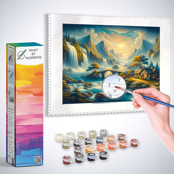 Paint by Numbers - Waterfall, bridge to cottage
