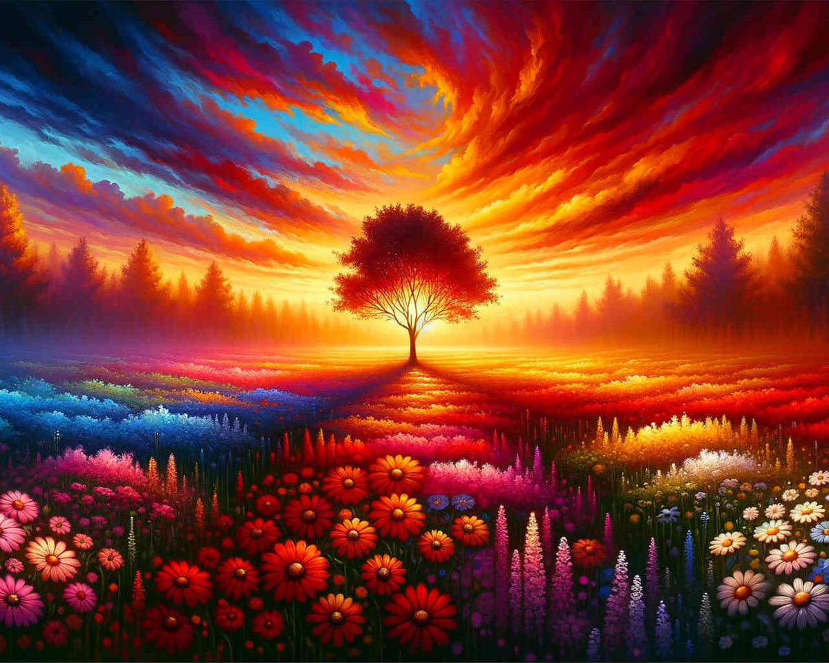 Paint by Numbers - Tree on flower meadow
