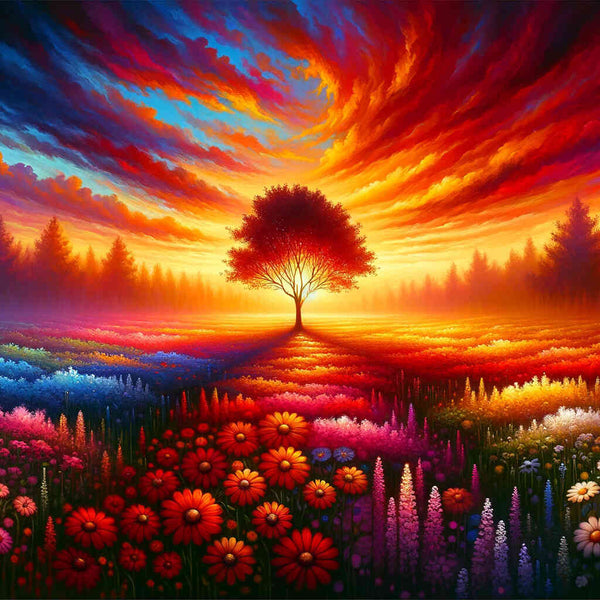 Paint by Numbers - Tree on flower meadow