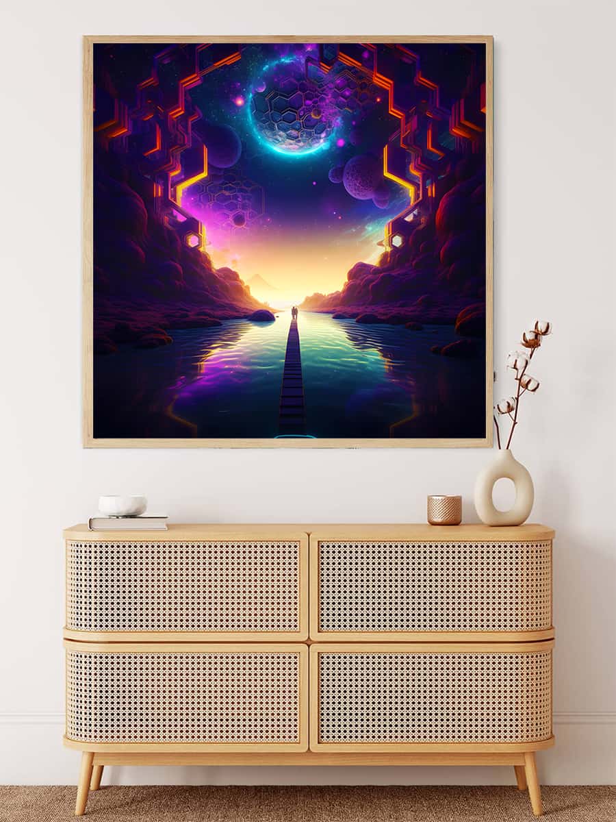 Diamond Painting - Space Love displayed above modern dresser, showcasing vibrant cosmic landscape created with Paint by Numbers technique.
