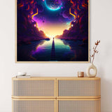 Diamond Painting - Space Love displayed above modern dresser, showcasing vibrant cosmic landscape created with Paint by Numbers technique.