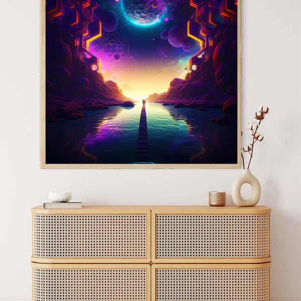 Diamond Painting - Space Love displayed above modern dresser, showcasing vibrant cosmic landscape created with Paint by Numbers technique.