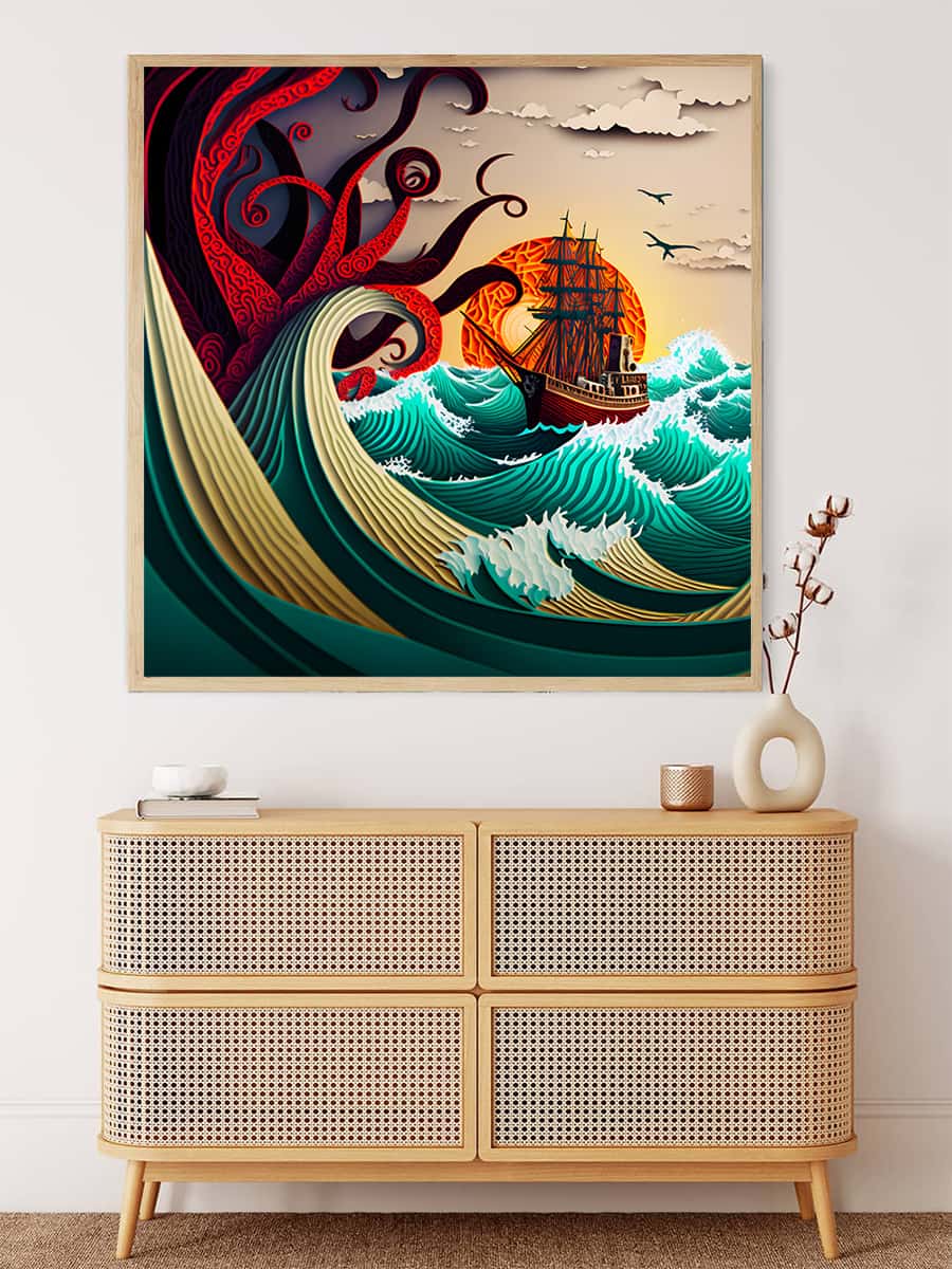 Diamond Painting - Rough Sea Paperart with sailing ship and giant red octopus, paint by numbers kit, displayed above a modern cabinet
