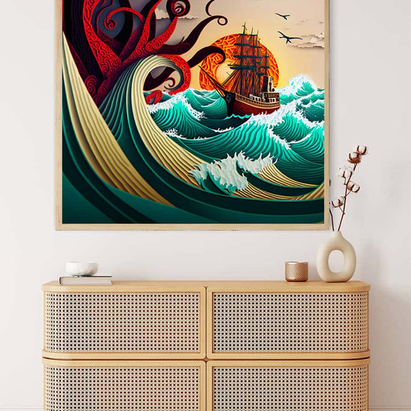 Diamond Painting - Rough Sea Paperart with sailing ship and giant red octopus, paint by numbers kit, displayed above a modern cabinet