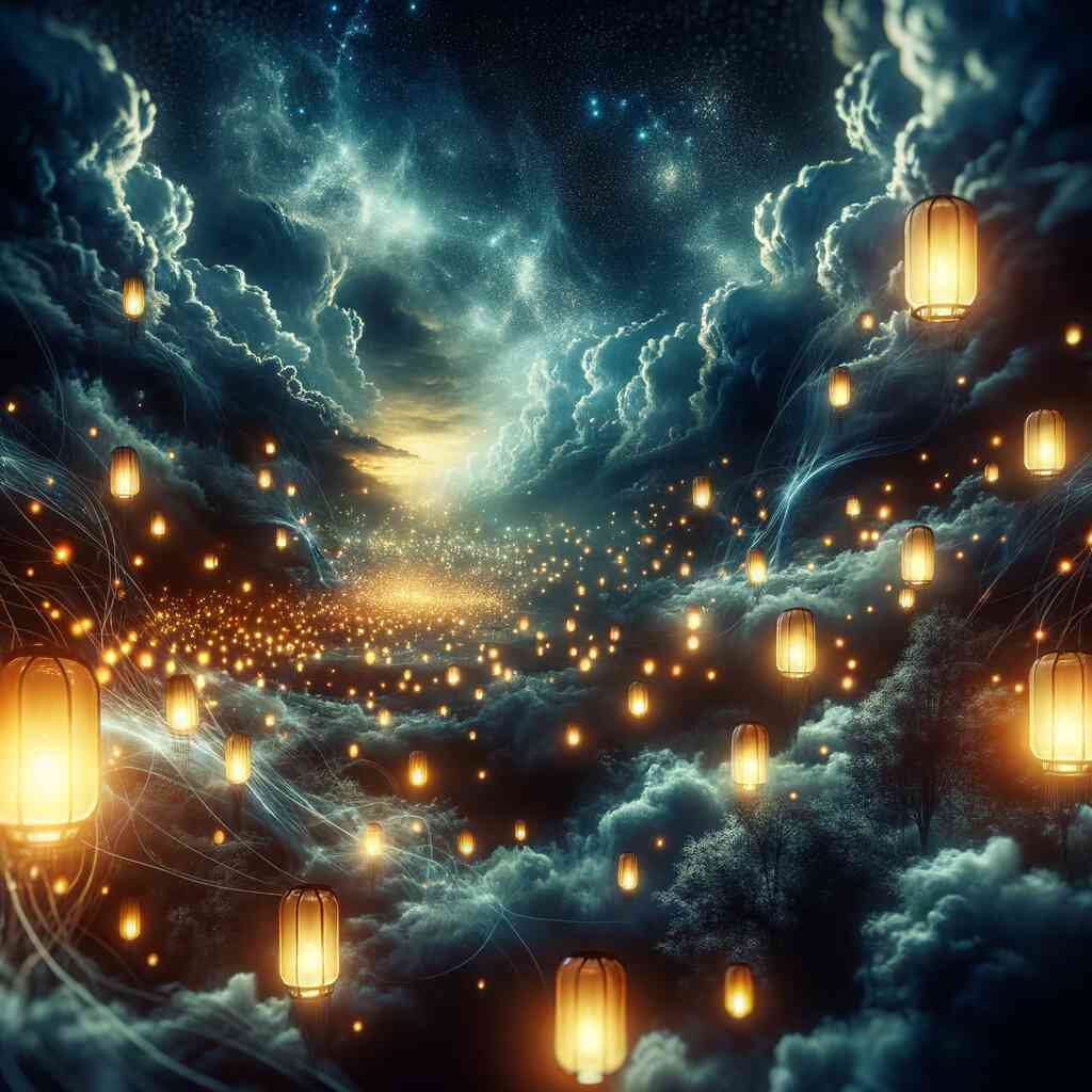 Illuminated night sky with golden lanterns floating among dense clouds, creating a dreamlike and surreal landscape - Paint by Numbers.