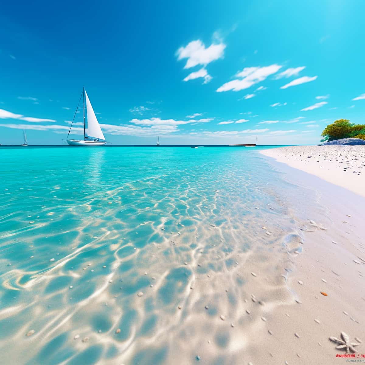 Coastal Magic Diamond Painting - Sparkling blue sea with sailboats and sandy beach