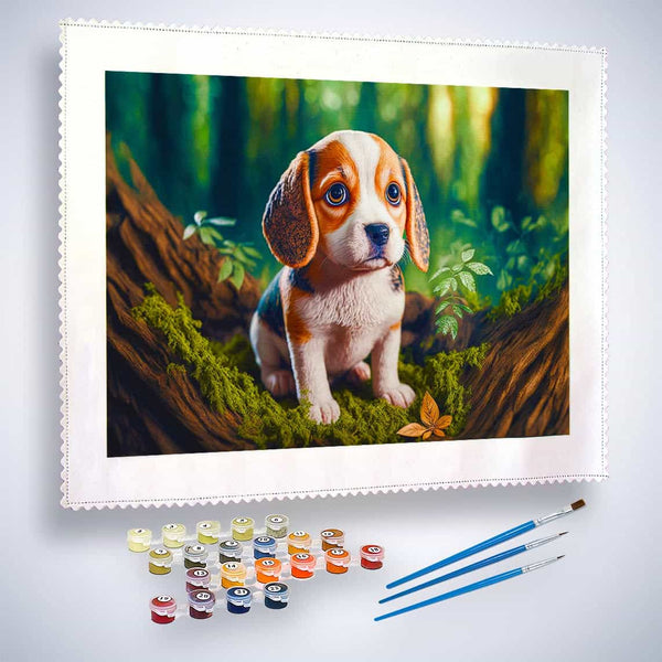 Malen nach Zahlen - Kleiner Welpe, Wald - hochwertige Leinwand - Horizontal, Hund, Tiere
