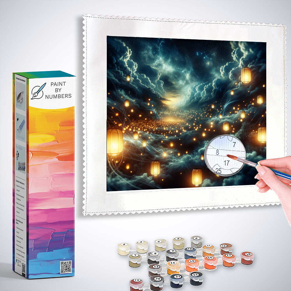 Paint by Numbers kit with a completed painting titled "Starry Night of Wishes" featuring glowing lanterns in an indigo blue and gold fantasy landscape.
