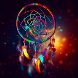 Colorful dream catcher with feathers against a vibrant, sparkling background