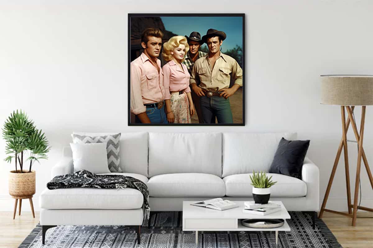 Diamond painting of four friends on a wall above a modern white sofa in a stylish living room.