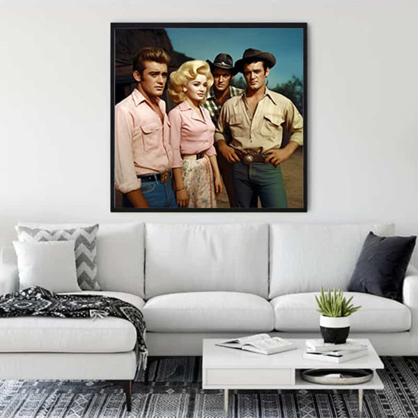 Diamond painting of four friends on a wall above a modern white sofa in a stylish living room.