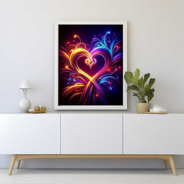 Neon double heart diamond painting on a white console, showcasing bright purple and yellow hearts in an abstract, futuristic style. Paint by Numbers.