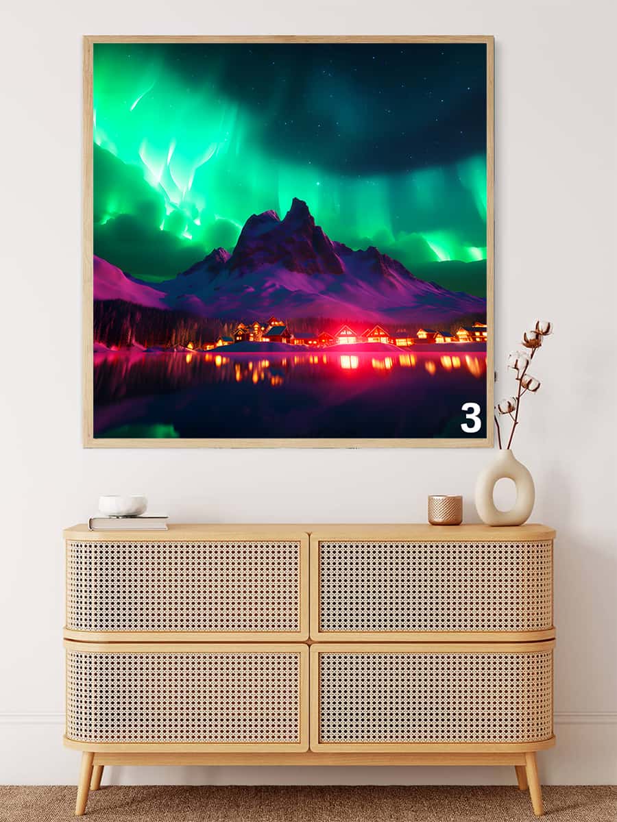 AB Diamond Painting of Northern Lights over a cityscape displayed above a modern rattan cabinet.