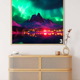 AB Diamond Painting of Northern Lights over a cityscape displayed above a modern rattan cabinet.
