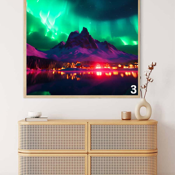 AB Diamond Painting of Northern Lights over a cityscape displayed above a modern rattan cabinet.