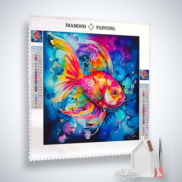 Diamond Painting Goldfish Abstract kit with colorful fish design on professional canvas, acrylic diamonds, and application tools included.