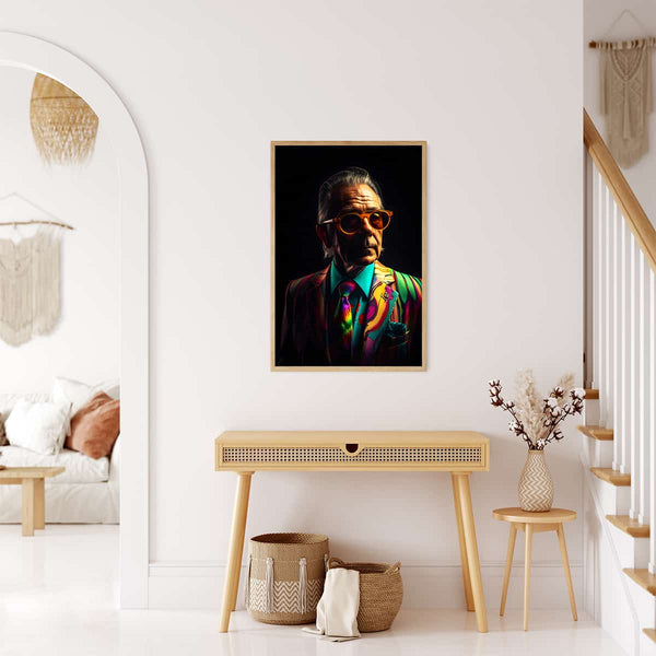 Diamond Painting - Old businessman portrait hanging on wall in modern, cozy living room setting