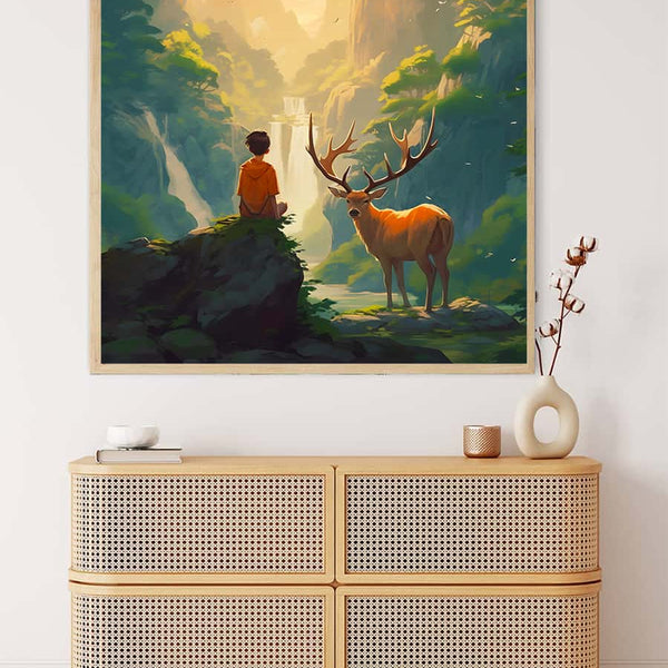 Diamond Painting - Junge mit Hirsch im Wald - gedruckt in Ultra-HD - Hirsch, Neu eingetroffen, Quadratisch, Tiere