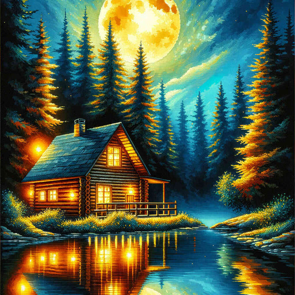Log cabin at night - Paint by Numbers