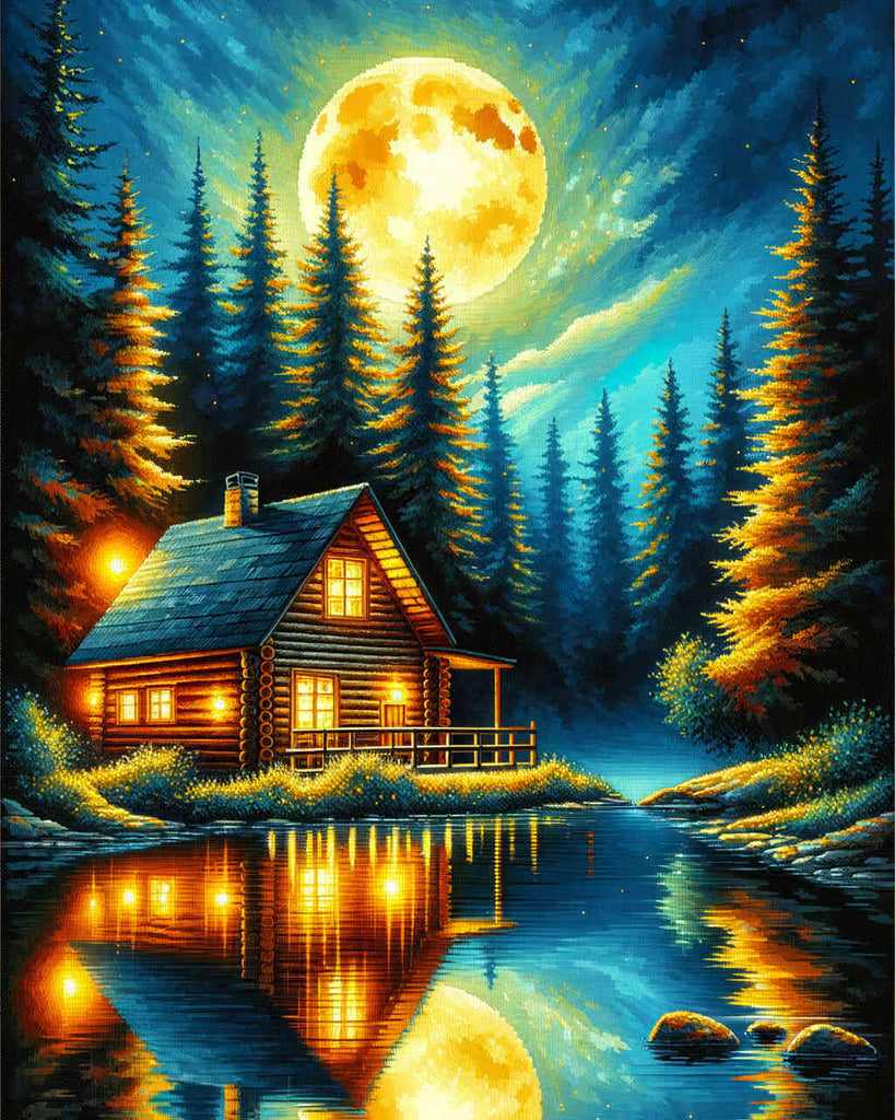 Log cabin at night - Paint by Numbers