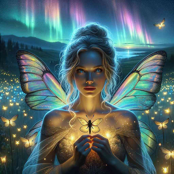 Paint by Numbers - Whispers of the Night Fairies featuring a fairy with iridescent wings and luminous butterflies in a mystical landscape