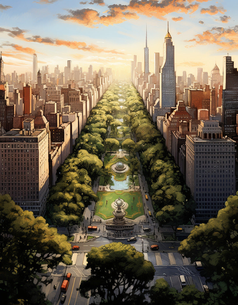 Paint by Numbers - NY Cityscape featuring a stunning view of a sunlit Central Park surrounded by skyscrapers, ideal for adult artists