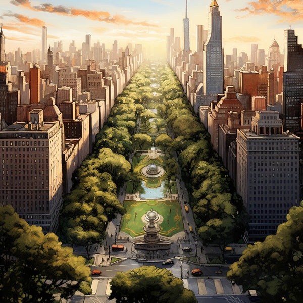 Paint by Numbers - NY Cityscape featuring a stunning view of a sunlit Central Park surrounded by skyscrapers, ideal for adult artists