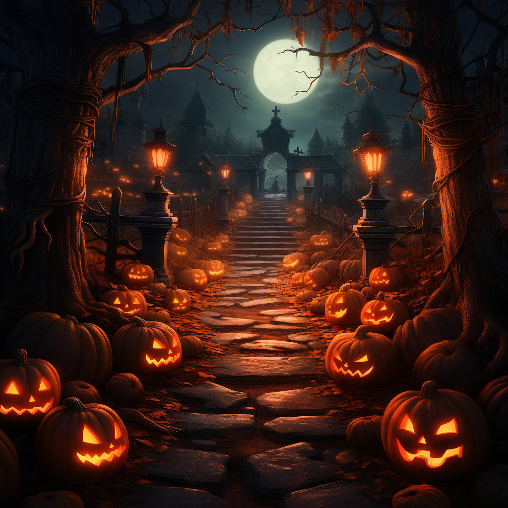 Halloween-themed Paint by Numbers kit featuring a spooky, illuminated pathway with glowing pumpkins and a full moon.
