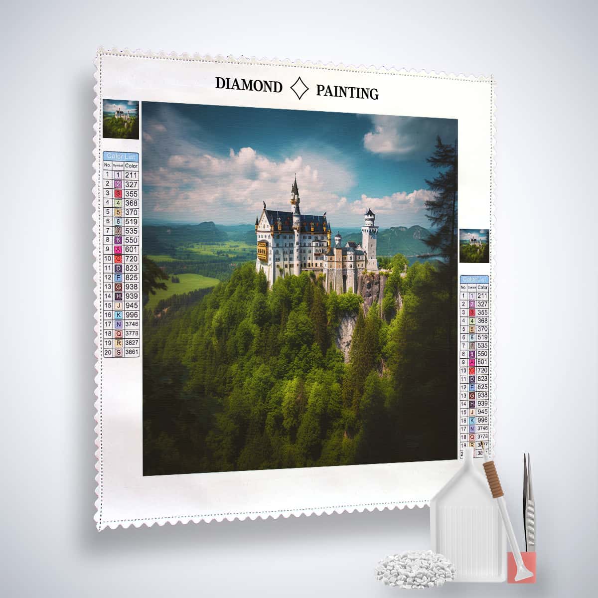 Diamond Painting Kit of Neuschwanstein Castle in greenery with tools for completing the Paint by Numbers design.