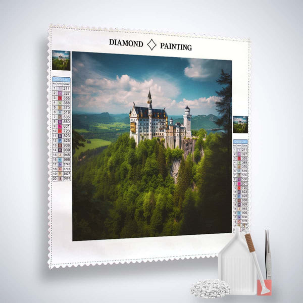 Diamond Painting Kit of Neuschwanstein Castle in greenery with tools for completing the Paint by Numbers design.