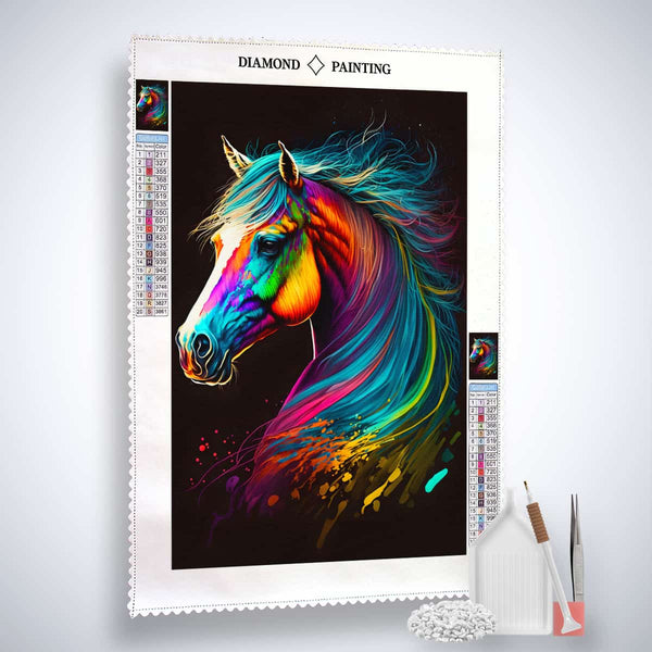 AB Diamond Painting Kit - Colorful Sideways Horse on Canvas with Tools for Paint by Numbers