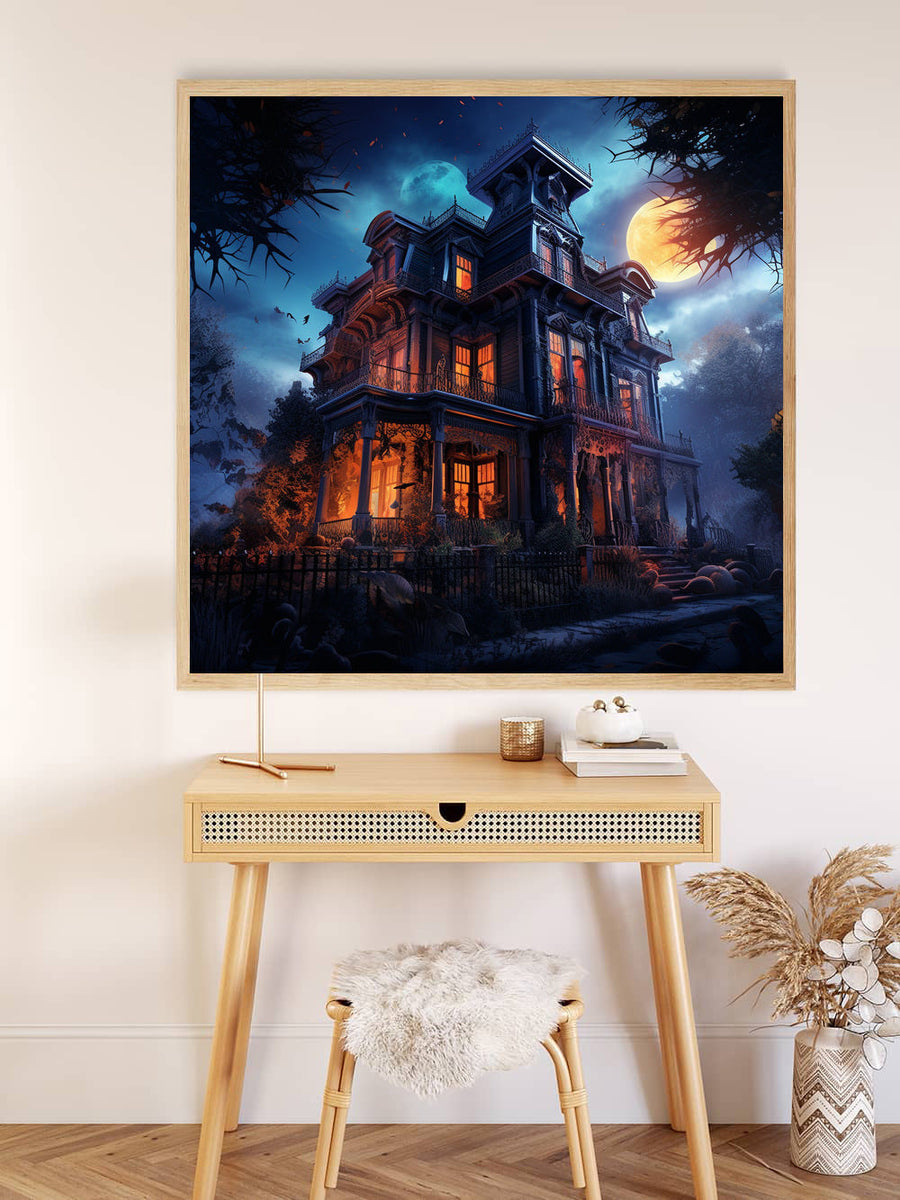 Paint by Numbers Halloween shower house displayed in a stylish room with a wooden desk, light stool, and cozy decor.