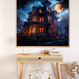 Paint by Numbers Halloween shower house displayed in a stylish room with a wooden desk, light stool, and cozy decor.