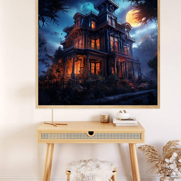 Paint by Numbers Halloween shower house displayed in a stylish room with a wooden desk, light stool, and cozy decor.