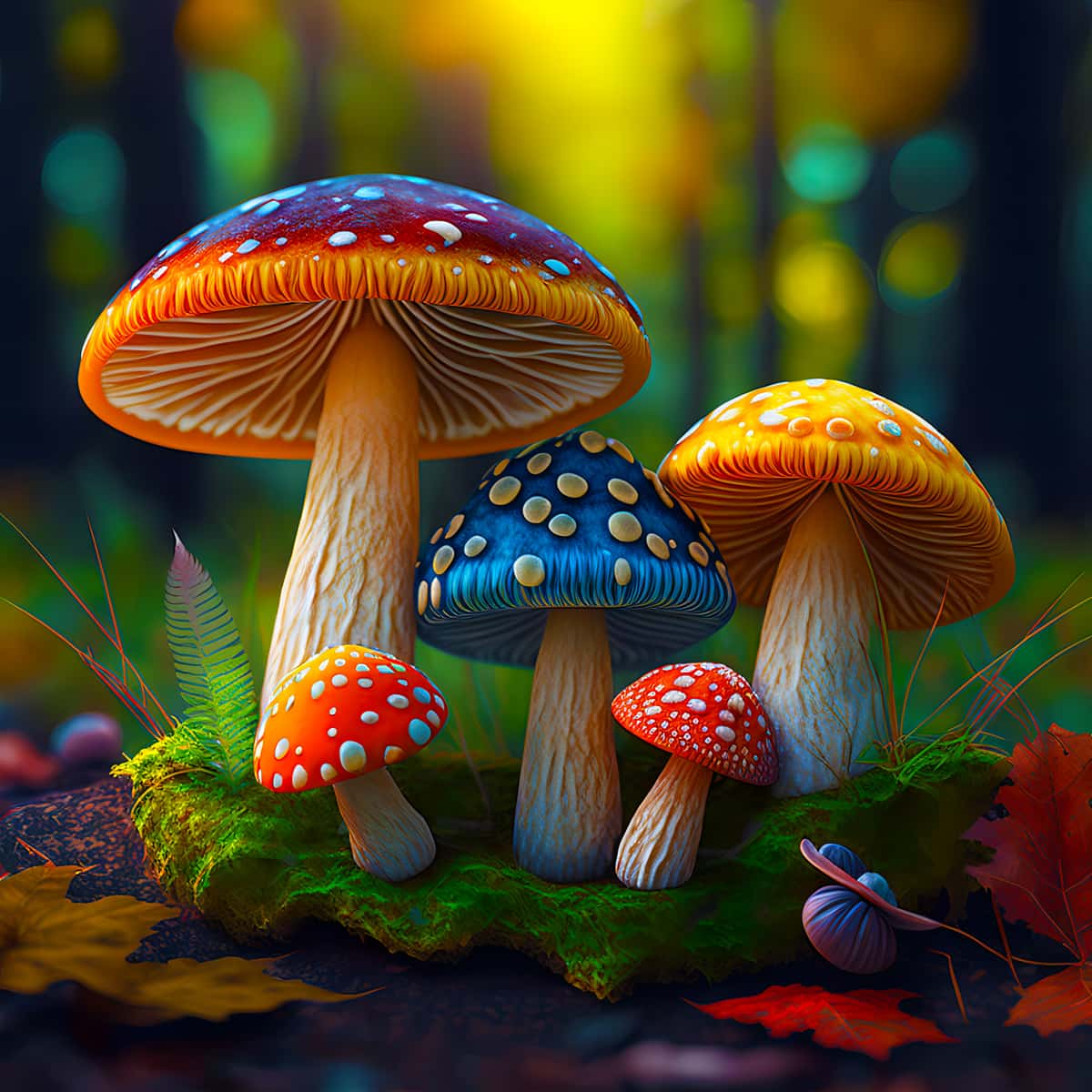 Diamond painting kit featuring vibrant rainbow mushrooms with acrylic diamonds on a canvas. Perfect for paint by numbers enthusiasts.