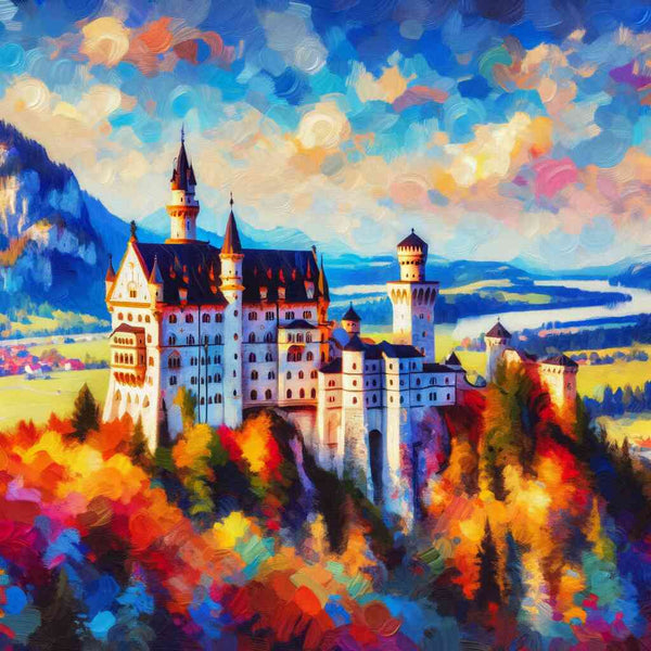 Paint by Numbers - “Color Magic Castle Dream” featuring a fairytale castle surrounded by vibrant autumn colors in an impressionist style.