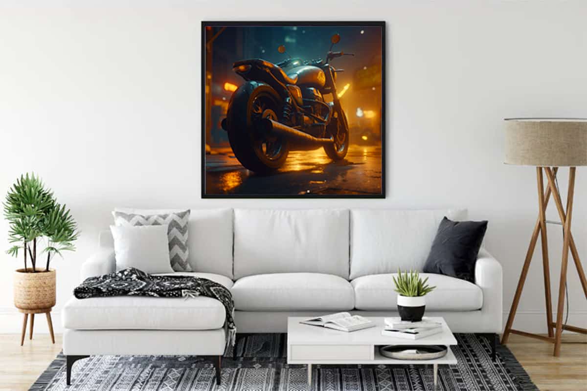 Living room with "Heavy Metal Giant" diamond painting kit featuring a motorcycle on a canvas, above a white sofa.