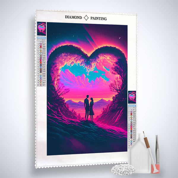 AB Diamond Painting Heart Couple kit - paint by numbers on professional canvas with acrylic diamonds, tweezers, and application pen.