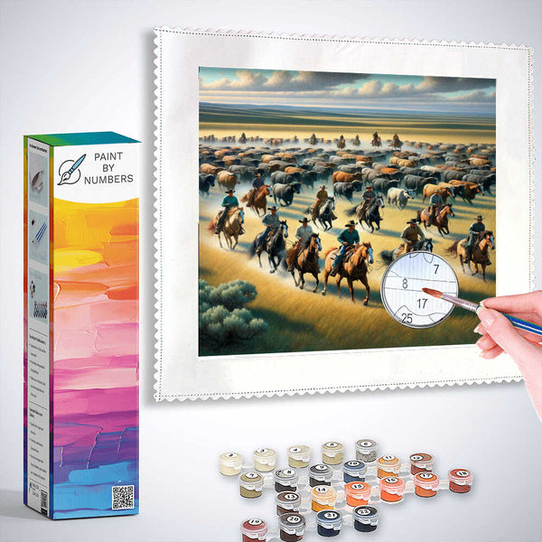 Paint by Numbers kit - "Expanse of the Wild West" featuring cowboys and herd in a golden, brown, and blue toned landscape.