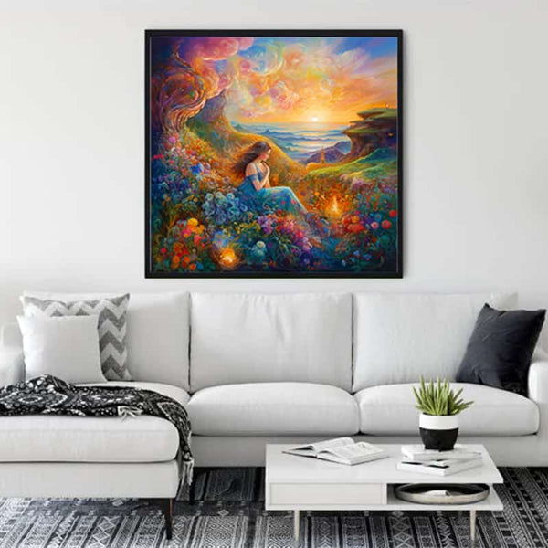 "Diamond Painting - Dreamy beauty in the greenery" framed and displayed in a modern living room setting, showcasing vibrant, sparkling art.