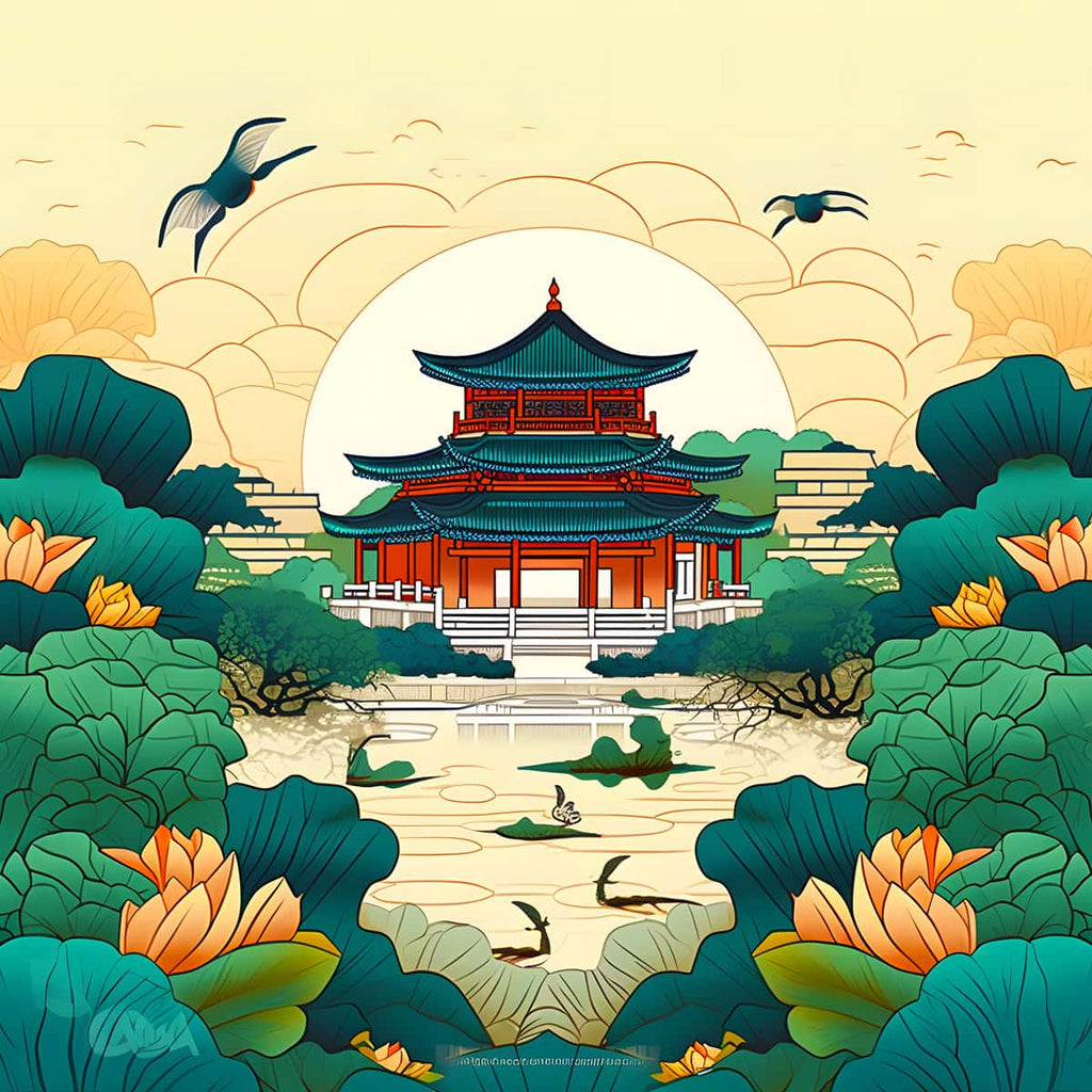 Japanese style diamond painting kit with traditional temple and vibrant nature scene, ideal for paint by numbers enthusiasts
