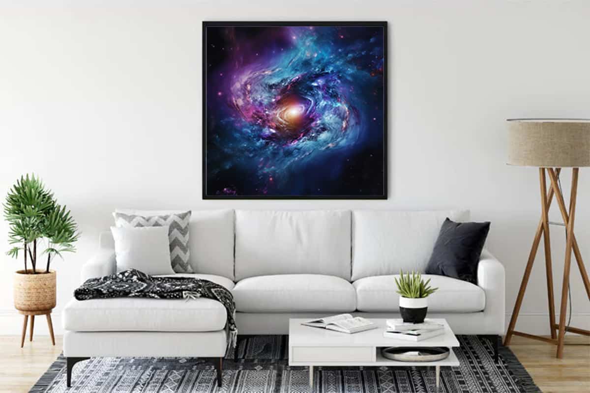 Diamond Painting - Cosmic Harmony art on wall above white sofa, enhances living room decor, Paint by Numbers, sparkling galaxy design.