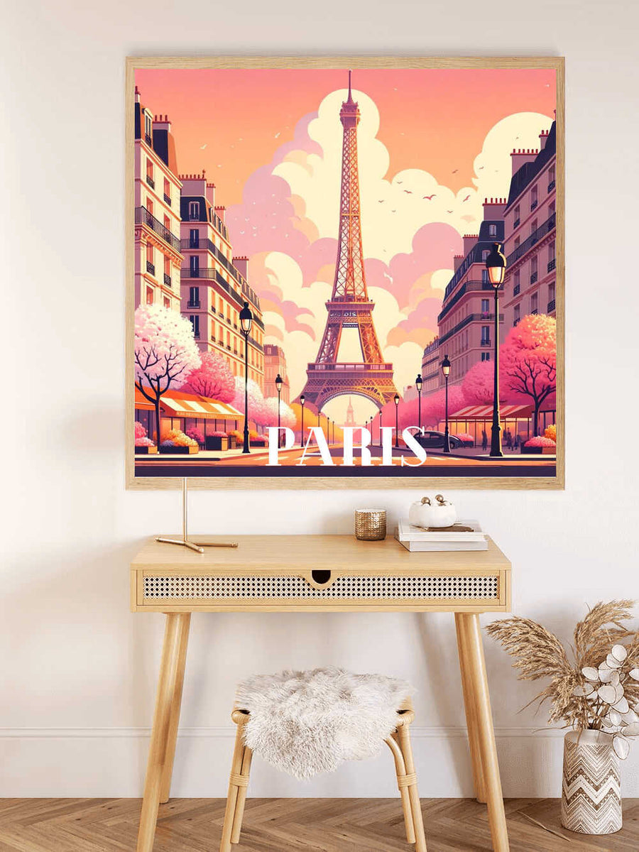 Parisian Spring Dream Paint by Numbers kit featuring Eiffel Tower with pink and orange hues, delicate flowers, and romantic cityscape.