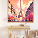 Parisian Spring Dream Paint by Numbers kit featuring Eiffel Tower with pink and orange hues, delicate flowers, and romantic cityscape.