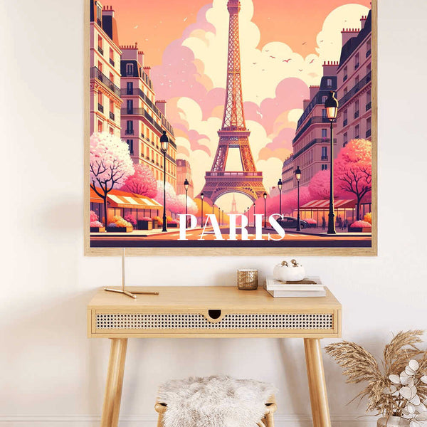 Parisian Spring Dream Paint by Numbers kit featuring Eiffel Tower with pink and orange hues, delicate flowers, and romantic cityscape.