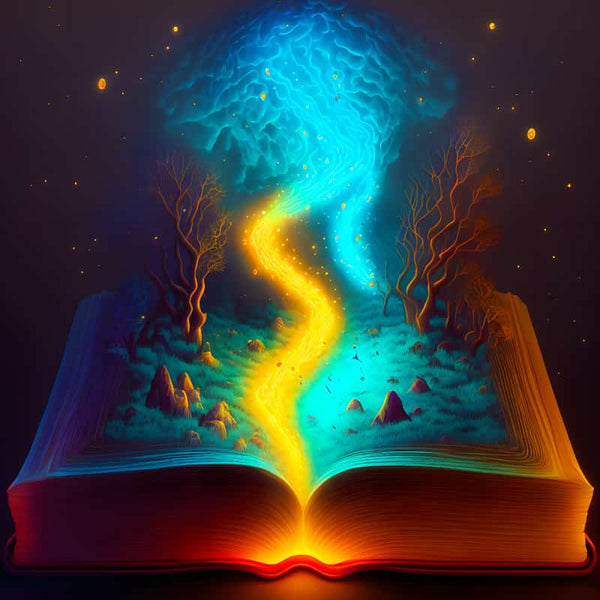 AB Diamond Painting - Magic book with glowing path and trees. Sparkling art for Paint by Numbers enthusiasts.