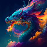 Vibrant dragon breathing fire amid colorful clouds in fantasy art style.